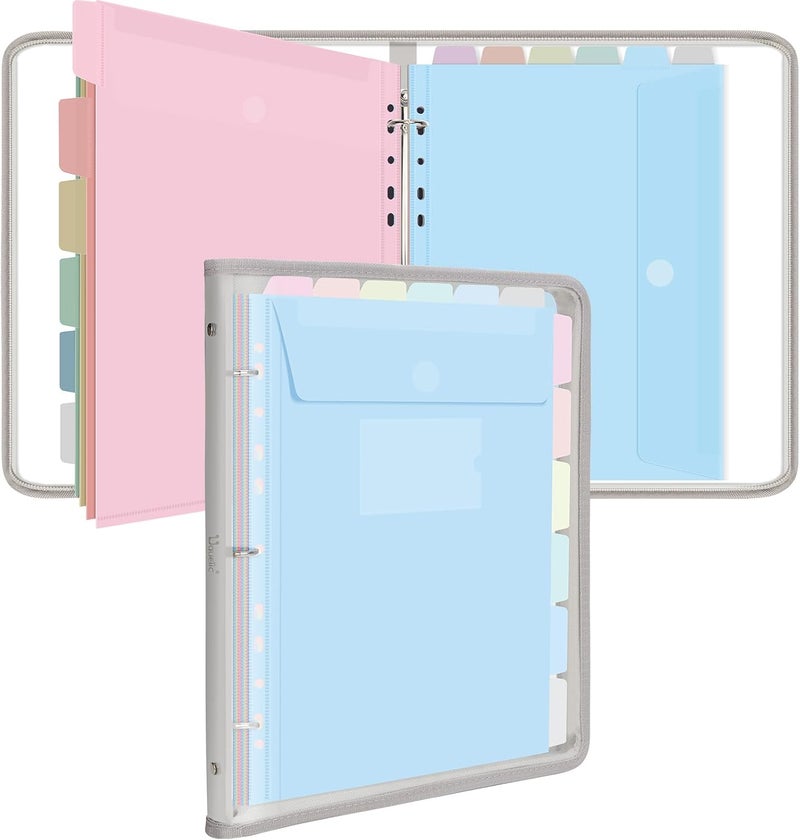 Uquelic Document Organizer, Soft PVC Binder with 12 Colorful Pockets - Zipper Binder 3 Ring with Dividers Letter Size (11'' x 8.5'')-Large Capacity Cute Folder for School, Office & Home Use​ (Grey) - Image 1